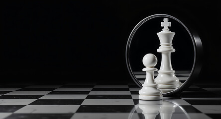 Chess inspiration and self reflection motivational concepts in a dark environment captured from a unique viewpoint