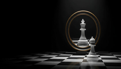 Chess inspiration and self reflection motivational concept in a dark room mirror reflection strategic thinking
