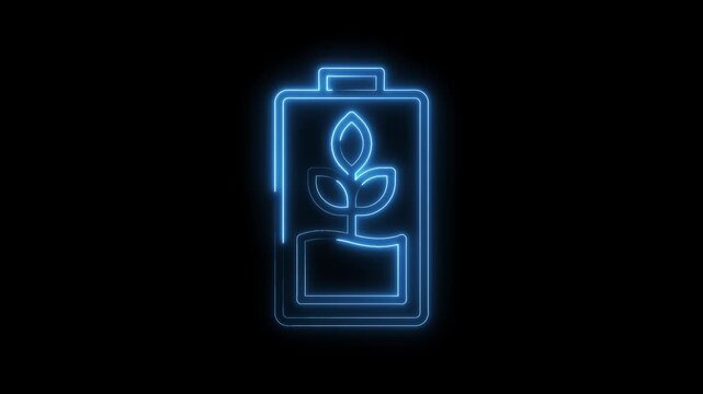 Glowing neon outline animation of battery with plant inside symbolizing green energy