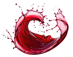 Dynamic splash of rich red liquid, suspended mid-air against a black background