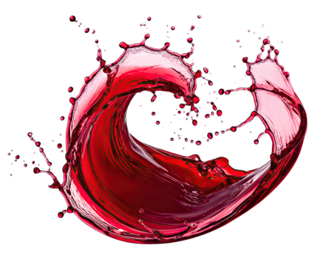 Dynamic splash of rich red liquid, suspended mid-air against a black background