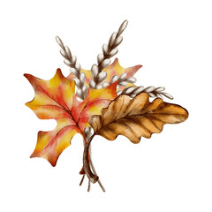 Naklejka premium Autumn bouquet with oak and maple leaves and wheat stalks in warm fall hues.In soft watercolor and textured colored pencils for seasonal projects,childrens books and rustic designs
