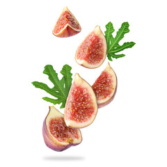 Fresh sweet figs and green leaves falling against white background