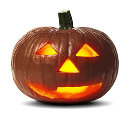 Halloween jack-o-lantern isolated on white. Pumpkin with carved spooky face