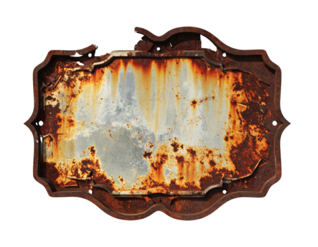 Ornate, heavily rusted metal sign against a black background, decaying with age