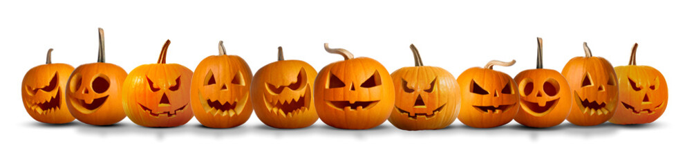 Pumpkins with spooky carved faces on white background. Halloween decoration