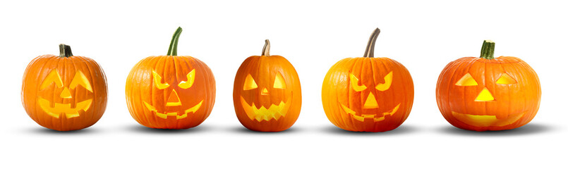 Halloween jack-o-lanterns on white background. Pumpkins with carved spooky faces