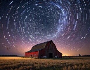 Starry night over a red barn