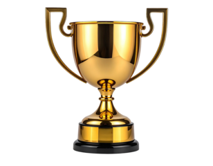 Shiny golden trophy on a black background, with handles and ornate base
