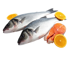 Two whole fish, a salmon steak, and orange slices on a transparent background