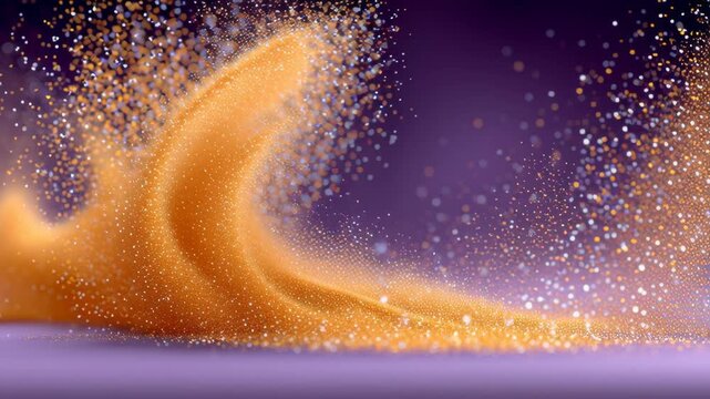 Vibrant orange powder flows gracefully in a dynamic wave motion, creating a mesmerizing visual effect against a soft purple backdrop, illustrating the beauty of movement and texture in a continuous se