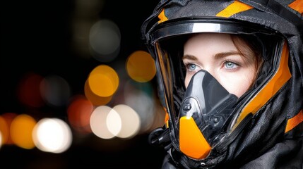 Fototapeta premium In a vivid, cyberpunk-inspired portrait, a frontline hero is depicted wearing state-of-the-art medical personal protective equipment, with glowing city lights blurred into the background