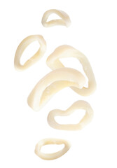 Fresh squid rings flying in air against white background