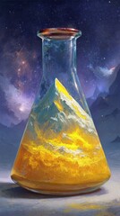 A radiant Erlenmeyer flask contains a dynamic, swirling blend of orange and yellow stellar energy, positioned against a deep blue universe teeming with stars, generating a vision of chemistry on a