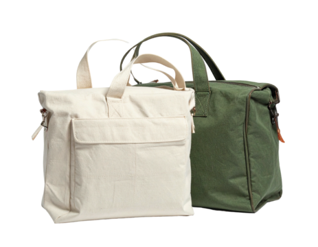 Two canvas tote bags, one off-white, the other green, with various handles