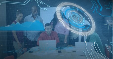 Business team gathering around table, holographic ring expanding, analyzing rising chart peaks - Powered by Adobe