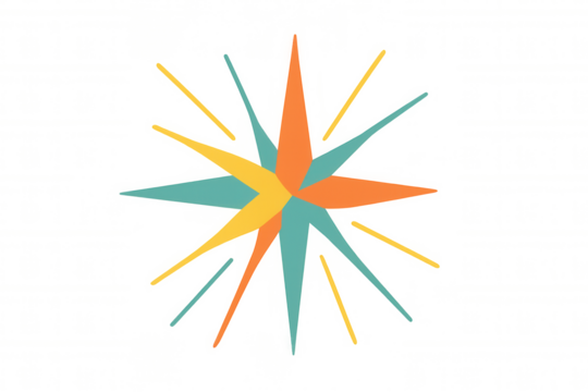 Abstract colorful starburst exploding icon creating dynamic visual energy with radiating lines on transparent background
