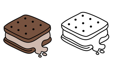 Melting ice cream sandwich illustration. Coloring book style vector dessert on white background