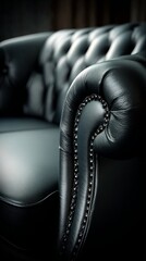 Fototapeta premium Luxurious and elegant close-up of deep black tufted leather upholstery with polished buttons, creating sophisticated diamond pattern and rich texture