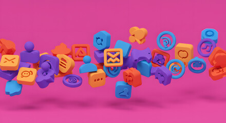 Colorful 3D social media icons floating against a vibrant pink background, showcasing digital communication