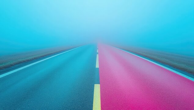 Fog-shrouded road. One lane pink, one blue. Eerie