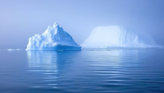Glacial icebergs adrift in foggy, calm, reflective waters - Powered by Adobe