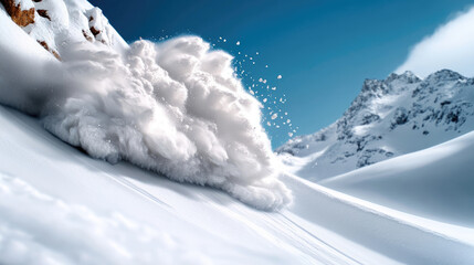 Massive snow avalanche racing down steep mountain terrain, generating massive powdery cloud against bright blue sky backdrop, revealing raw mountainside destructive power