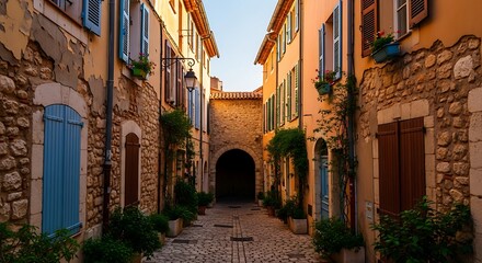 Fototapeta premium Charming historic cobblestone alleyway in a picturesque European village.