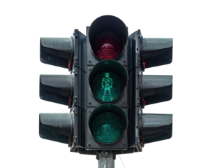Close-up view of a traffic signal with red light on and pedestrian walk sign illuminated