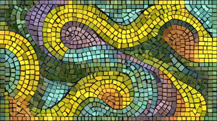 An artistic surface is created by a decorative background featuring a complex pattern of glossy, wavy ceramic tiles in a lively assortment of pale pastel and ocean-inspired colors