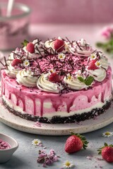 Pink-frosted cake with strawberry garnish