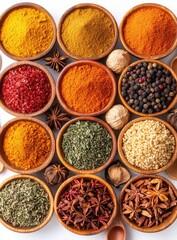 Fototapeta premium Assorted spices in wooden bowls; arranged neatly