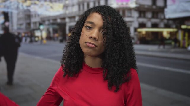 African american woman makes suicide gesture to head in busy city street; despair hopelessness devastation desolation.