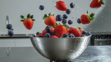 Berry bounce motion fresh strawberries blueberries flying from stainless steel colander water droplets kitchen dynamic food photography