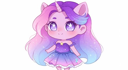Fototapeta premium Mignonne fille licorne chibi aux couleurs pastel éclatantes et robe étoilée un design kawaii féérique très doux