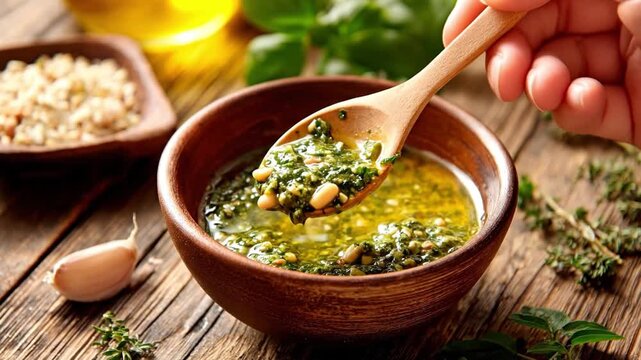 Pesto with pine nuts  oil is scooped from a wooden bowl with a spoon Garlic  herbs lay on the wood table