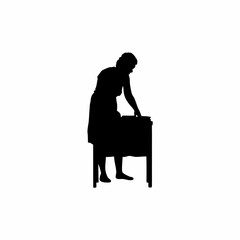 Seller arranging handmade jewelry at craft fair silhouette isolated on white background