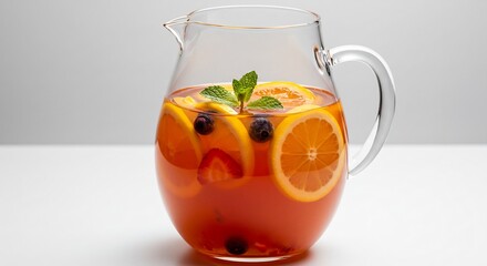 Pichet verre boisson aux fruits frais oranges baies menthe vivifiante esthétique estivale éclatante