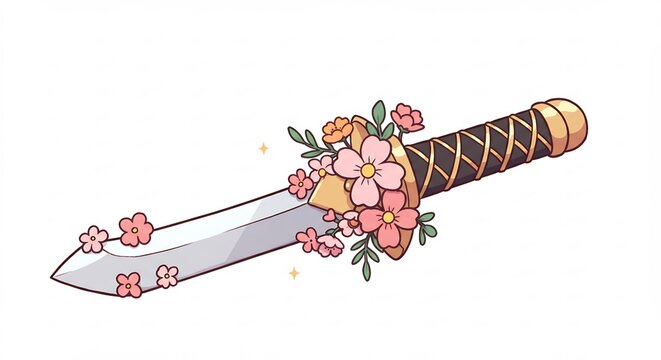 Dague orn&eacute;e de fleurs roses &eacute;panouies illustration joyeuse et fantaisiste aux couleurs vives et douces