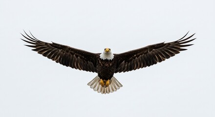 Obraz premium Majestueux pygargue à tête blanche vole puissamment ailes grandes ouvertes dans une lumière naturelle diffuse