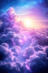 Dreamy sky with stairs ascending into fluffy clouds