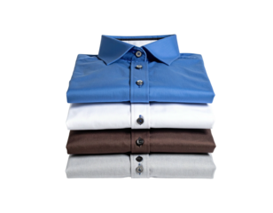 Stack of four neatly folded button-down shirts against black background