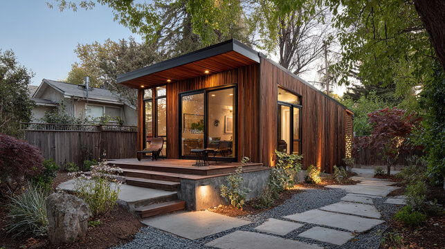 Modern accessory dwelling unit, adu, with wood siding and flat roof, featuring a deck, concrete path, and ambient lighting in a lush backyard garden