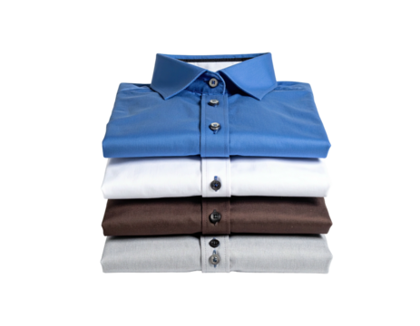 Stack of four neatly folded button-down shirts against black background