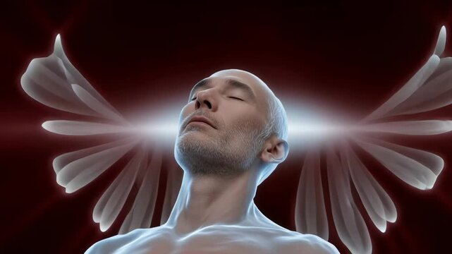 Ethereal transformation of a serene figure with luminous wings evolving in a radiant glow, showcasing a captivating progression of light and form in a surreal atmosphere of tranquility and enlightenme