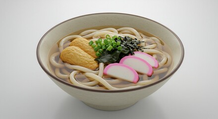 Bol d'udon japonais aux nouilles &eacute;paisses et garnitures color&eacute;es soigneusement pr&eacute;sent&eacute; sous une lumi&egrave;re douce et app&eacute;tissante