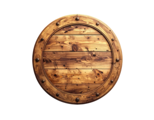 A circular wooden shield, constructed from planks, studded with bronze rivets