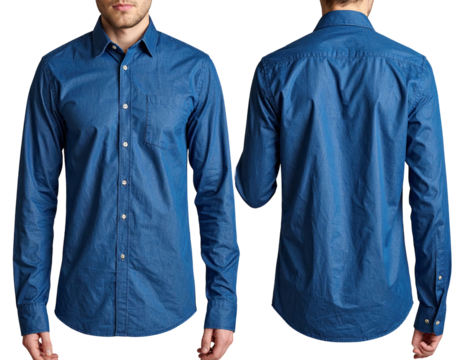 Front and back view of a classic blue button-down shirt, wrinkle details - Powered by Adobe