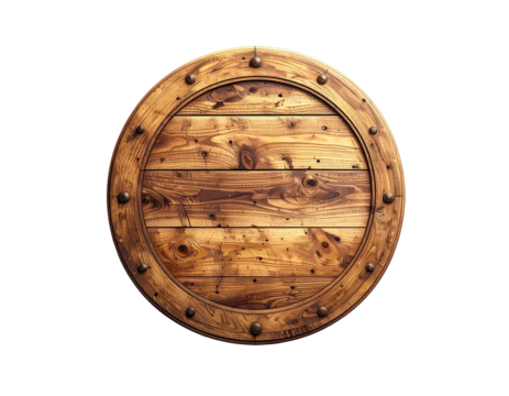 A circular wooden shield, constructed from planks, studded with bronze rivets