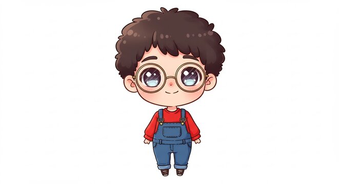 Adorable petit garcon chibi souriant joyeusement avec lunettes rondes illustration animee kawaii couleurs vives fond blanc